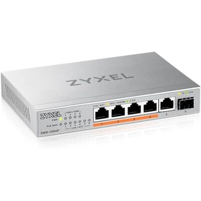 Zyxel Netzwerk PoE Switch 5 Port Unmanaged Multi Gigabit LAN Splitter 5X 2.5 Gbit (4X PoE++ mit 70W Budget) + 1x 10Gb SFP+ Ports Lüfterlos Design Desktop oder Wand Montage XMG-105HP Zyxel Netzwerk PoE Switch 5 Port Unmanaged Multi Gigabit LAN Splitter 5X 2.5 Gbit (4X PoE++ mit 70W Budget) + 1x 10Gb SFP+ Ports Lüfterlos Design Desktop oder Wand Montage XMG-105HP