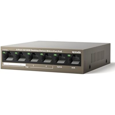 Tenda 6-Port Fast Ethernet PoE Switch mit 4 PoE+ Ports, Uplink-& NVR-Port 58W PoE-Budget, QoS, IEEE 802.3af/at, Reichweite bis zu 250 m, Lüfterlos, Metallgehäuse (TEF1106P-4-63W) Tenda 6-Port Fast Ethernet PoE Switch mit 4 PoE+ Ports, Uplink-& NVR-Port 58W PoE-Budget, QoS, IEEE 802.3af/at, Reichweite bis zu 250 m, Lüfterlos, Metallgehäuse (TEF1106P-4-63W)