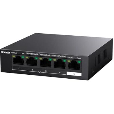 Tenda PoE Switch 5-Port Gigabit Ethernet LAN Switch mit 4 PoE+ Ports (58W, VLAN, IEEE 802.3af/at, Lüfterlos, Plug-and-Play, Desktop- / Wandmontage, Metallgehäuse, Schwarz) (TEG1105P-4-63W) Tenda PoE Switch 5-Port Gigabit Ethernet LAN Switch mit 4 PoE+ Ports (58W, VLAN, IEEE 802.3af/at, Lüfterlos, Plug-and-Play, Desktop- / Wandmontage, Metallgehäuse, Schwarz) (TEG1105P-4-63W)