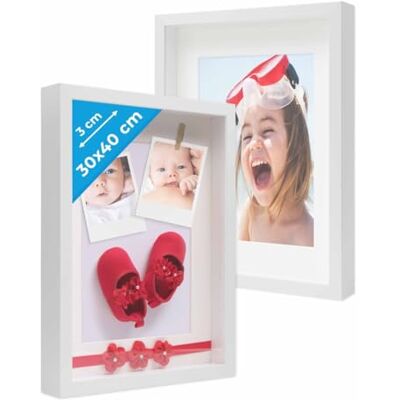 PHOTOLINI 3D Bilderrahmen zum Befüllen 30x40 Weiß groß, 3 cm tiefer Objektrahmen mit Glas, 2X tiefer Bilderrahmen 30x40 Holz MDF mit Passepartout, Dicker 3D Rahmen befüllbar für Gegenstände PHOTOLINI 3D Bilderrahmen zum Befüllen 30x40 Weiß groß, 3 cm tiefer Objektrahmen mit Glas, 2X tiefer Bilderrahmen 30x40 Holz MDF mit Passepartout, Dicker 3D Rahmen befüllbar für Gegenstände
