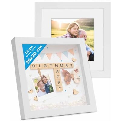 PHOTOLINI 3D Bilderrahmen zum Befüllen 20x20 Weiß, 1,5 cm tiefer Objektrahmen mit Glas, 2x tiefer Bilderrahmen 20x20 Holz MDF mit Passepartout, dicker 3D Rahmen befüllbar für Gegenstände Geschenk PHOTOLINI 3D Bilderrahmen zum Befüllen 20x20 Weiß, 1,5 cm tiefer Objektrahmen mit Glas, 2x tiefer Bilderrahmen 20x20 Holz MDF mit Passepartout, dicker 3D Rahmen befüllbar für Gegenstände Geschenk