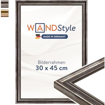 WANDStyle silberner Bilderrahmen 30x45 Holz, Bilderrahmen Silber Vintage Hochwertiger Holzbilderrahmen Antik, Posterrahmen zum Aufhängen, Rahmen 45x30 cm, Fotorahmen H400 Made in Germany WANDStyle silberner Bilderrahmen 30x45 Holz, Bilderrahmen Silber Vintage Hochwertiger Holzbilderrahmen Antik, Posterrahmen zum Aufhängen, Rahmen 45x30 cm, Fotorahmen H400 Made in Germany