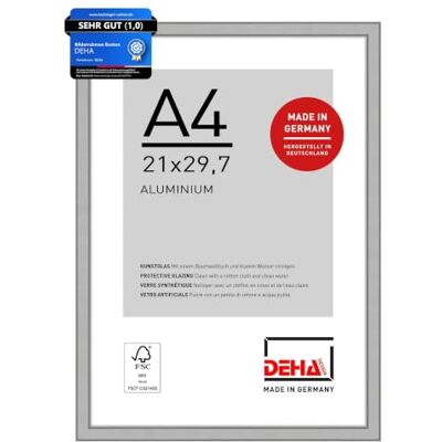 DEHA Design Aluminium Bilderrahmen Boston, 21 x 29,7 cm (A4), Silber Aluminium Dokumentenrahmen im Hoch- & Querformat zum Aufhängen Silber matt bruchsicheres Kunstglas DEHA Design Aluminium Bilderrahmen Boston, 21 x 29,7 cm (A4), Silber Aluminium Dokumentenrahmen im Hoch- & Querformat zum Aufhängen Silber matt bruchsicheres Kunstglas
