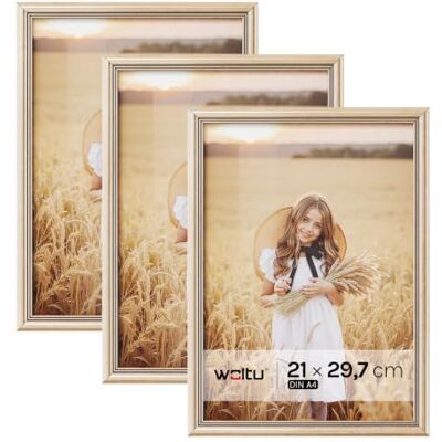 WOLTU Bilderrahmen A4, 5er set, Massivholz Fotorahmen mit Passepartout Gold, Front aus PS-Platte, Posterrahmen zum vertikalen oder horizontalen Aufhängen und Aufstellen, Collage Wanddeko WOLTU Bilderrahmen A4, 5er set, Massivholz Fotorahmen mit Passepartout Gold, Front aus PS-Platte, Posterrahmen zum vertikalen oder horizontalen Aufhängen und Aufstellen, Collage Wanddeko