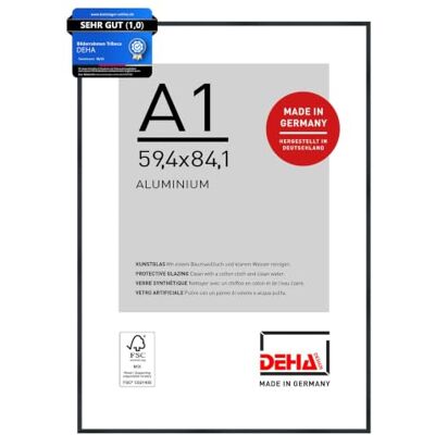 DEHA Design Aluminium Bilderrahmen Tribeca, 59,4 x 84,1 cm (A1), Schwarz Aluminium Posterrahmen im Hoch- & Querformat zum Aufhängen Schwarz gebürstet bruchsicheres Kunstglas DEHA Design Aluminium Bilderrahmen Tribeca, 59,4 x 84,1 cm (A1), Schwarz Aluminium Posterrahmen im Hoch- & Querformat zum Aufhängen Schwarz gebürstet bruchsicheres Kunstglas