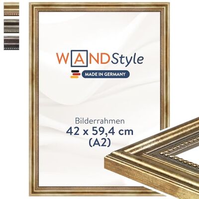 WANDStyle Bilderrahmen A2 Holz, DIN A2 Bilderrahmen Gold Vintage 60x42 cm Hochwertiger Holzbilderrahmen Antik, Posterrahmen zum Aufhängen, Rahmen 42x60 cm, Fotorahmen H450 Made in Germany WANDStyle Bilderrahmen A2 Holz, DIN A2 Bilderrahmen Gold Vintage 60x42 cm Hochwertiger Holzbilderrahmen Antik, Posterrahmen zum Aufhängen, Rahmen 42x60 cm, Fotorahmen H450 Made in Germany