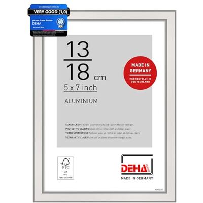 DEHA Design Aluminium Bilderrahmen Boston, 13 x 18 cm, Silber Aluminium Fotorahmen im Hoch- & Querformat zum Auftstellen Silber glänzend bruchsicheres Kunstglas DEHA Design Aluminium Bilderrahmen Boston, 13 x 18 cm, Silber Aluminium Fotorahmen im Hoch- & Querformat zum Auftstellen Silber glänzend bruchsicheres Kunstglas