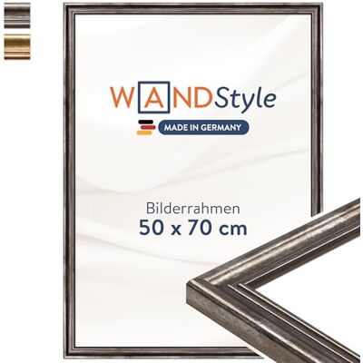 WANDStyle silberner Bilderrahmen 50x70 Holz, Bilderrahmen Silber Vintage Hochwertiger Holzbilderrahmen Antik, Posterrahmen zum Aufhängen, Rahmen 70x50 cm, Fotorahmen H400 Made in Germany WANDStyle silberner Bilderrahmen 50x70 Holz, Bilderrahmen Silber Vintage Hochwertiger Holzbilderrahmen Antik, Posterrahmen zum Aufhängen, Rahmen 70x50 cm, Fotorahmen H400 Made in Germany