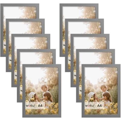 WOLTU Bilderrahmen A4, 10er set, MDF-Holz Fotorahmen mit Passepartout Grau, Posterrahmen für Poster, Fotos, Puzzle, aufhängbar & aufstellbar, Collage-Wanddeko mit bruchsicherer PS-Platte WOLTU Bilderrahmen A4, 10er set, MDF-Holz Fotorahmen mit Passepartout Grau, Posterrahmen für Poster, Fotos, Puzzle, aufhängbar & aufstellbar, Collage-Wanddeko mit bruchsicherer PS-Platte