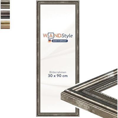 WANDStyle silberner Bilderrahmen 30x90 Holz, Bilderrahmen Silber Vintage Hochwertiger Holzbilderrahmen Antik, Posterrahmen zum Aufhängen, Rahmen 90x30 cm, Fotorahmen H450 Made in Germany WANDStyle silberner Bilderrahmen 30x90 Holz, Bilderrahmen Silber Vintage Hochwertiger Holzbilderrahmen Antik, Posterrahmen zum Aufhängen, Rahmen 90x30 cm, Fotorahmen H450 Made in Germany