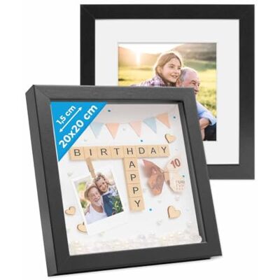 PHOTOLINI 3D Bilderrahmen zum Befüllen 20x20 Schwarz, 1,5 cm tiefer Objektrahmen mit Glas, 2x tiefer Bilderrahmen 20x20 Holz MDF mit Passepartout, dicker 3D Rahmen befüllbar für Gegenstände Geschenk PHOTOLINI 3D Bilderrahmen zum Befüllen 20x20 Schwarz, 1,5 cm tiefer Objektrahmen mit Glas, 2x tiefer Bilderrahmen 20x20 Holz MDF mit Passepartout, dicker 3D Rahmen befüllbar für Gegenstände Geschenk