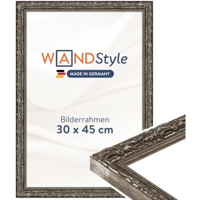 WANDStyle silberner Bilderrahmen 30x45 Holz, Bilderrahmen Silber Vintage Hochwertiger Holzbilderrahmen Antik, Posterrahmen zum Aufhängen, Rahmen 45x30 cm, Fotorahmen H530 Made in Germany WANDStyle silberner Bilderrahmen 30x45 Holz, Bilderrahmen Silber Vintage Hochwertiger Holzbilderrahmen Antik, Posterrahmen zum Aufhängen, Rahmen 45x30 cm, Fotorahmen H530 Made in Germany