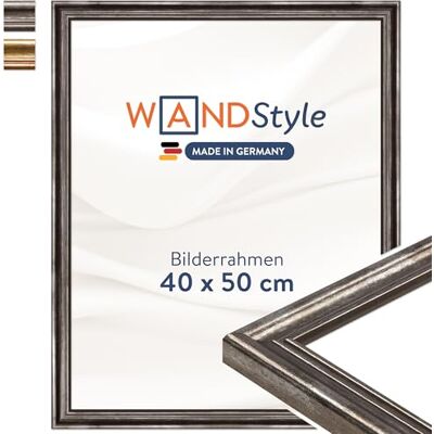 WANDStyle silberner Bilderrahmen 40x50 Holz, Bilderrahmen Silber Vintage Hochwertiger Holzbilderrahmen Antik, Posterrahmen zum Aufhängen, Rahmen 50x40 cm, Fotorahmen H400 Made in Germany WANDStyle silberner Bilderrahmen 40x50 Holz, Bilderrahmen Silber Vintage Hochwertiger Holzbilderrahmen Antik, Posterrahmen zum Aufhängen, Rahmen 50x40 cm, Fotorahmen H400 Made in Germany