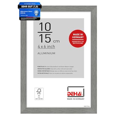 DEHA Design Aluminium Bilderrahmen Tribeca, 10 x 15 cm, Grau Aluminium Fotorahmen im Hoch- & Querformat zum Auftstellen Grau gebürstet bruchsicheres Kunstglas DEHA Design Aluminium Bilderrahmen Tribeca, 10 x 15 cm, Grau Aluminium Fotorahmen im Hoch- & Querformat zum Auftstellen Grau gebürstet bruchsicheres Kunstglas