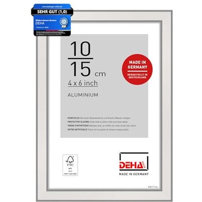 DEHA Design Aluminium Bilderrahmen Boston, 10 x 15 cm, Silber Aluminium Fotorahmen im Hoch- & Querformat zum Auftstellen Silber glänzend bruchsicheres Kunstglas DEHA Design Aluminium Bilderrahmen Boston, 10 x 15 cm, Silber Aluminium Fotorahmen im Hoch- & Querformat zum Auftstellen Silber glänzend bruchsicheres Kunstglas