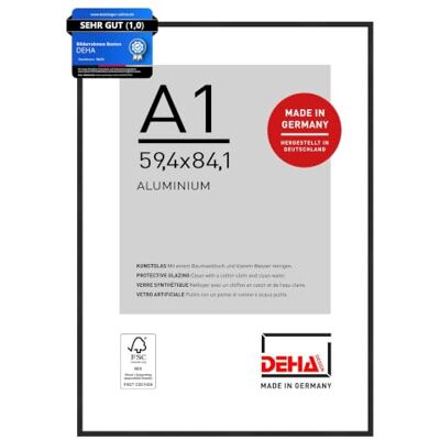 DEHA Design Aluminium Bilderrahmen Boston, 59,4 x 84,1 cm (A1), Schwarz Aluminium Posterrahmen im Hoch- & Querformat zum Aufhängen Schwarz matt bruchsicheres Kunstglas DEHA Design Aluminium Bilderrahmen Boston, 59,4 x 84,1 cm (A1), Schwarz Aluminium Posterrahmen im Hoch- & Querformat zum Aufhängen Schwarz matt bruchsicheres Kunstglas