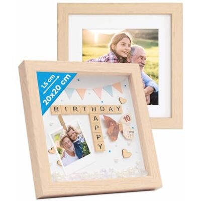 PHOTOLINI 3D Bilderrahmen zum Befüllen 20x20 Natur, 1,5 cm tiefer Objektrahmen mit Glas, 2x tiefer Bilderrahmen 20x20 Holz MDF mit Passepartout, dicker 3D Rahmen befüllbar für Gegenstände Geschenk PHOTOLINI 3D Bilderrahmen zum Befüllen 20x20 Natur, 1,5 cm tiefer Objektrahmen mit Glas, 2x tiefer Bilderrahmen 20x20 Holz MDF mit Passepartout, dicker 3D Rahmen befüllbar für Gegenstände Geschenk