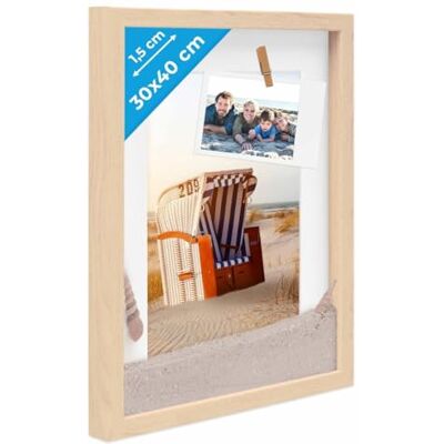 PHOTOLINI 3D Bilderrahmen zum Befüllen 30x40 Natur groß, 1,5 cm tiefer Objektrahmen mit Glas, tiefer Bilderrahmen 30x40 Holz MDF mit Passepartout, Dicker 3D Rahmen befüllbar für Gegenstände Geschenk PHOTOLINI 3D Bilderrahmen zum Befüllen 30x40 Natur groß, 1,5 cm tiefer Objektrahmen mit Glas, tiefer Bilderrahmen 30x40 Holz MDF mit Passepartout, Dicker 3D Rahmen befüllbar für Gegenstände Geschenk