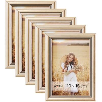 WOLTU Bilderrahmen 10x15, 3er set, Massivholz Fotorahmen mit Passepartout Gold, Front aus PS-Platte, Posterrahmen zum vertikalen oder horizontalen Aufhängen und Aufstellen, Collage Wanddeko WOLTU Bilderrahmen 10x15, 3er set, Massivholz Fotorahmen mit Passepartout Gold, Front aus PS-Platte, Posterrahmen zum vertikalen oder horizontalen Aufhängen und Aufstellen, Collage Wanddeko