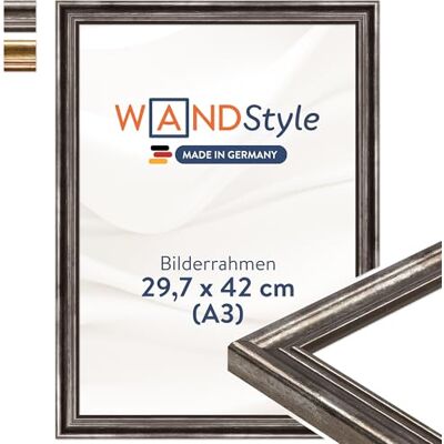 WANDStyle Bilderrahmen A3 Holz, DIN A3 Bilderrahmen Silber Vintage 42x30 cm Hochwertiger Holzbilderrahmen Antik, Posterrahmen zum Aufhängen, Rahmen 30x42 cm, Fotorahmen H400 Made in Germany WANDStyle Bilderrahmen A3 Holz, DIN A3 Bilderrahmen Silber Vintage 42x30 cm Hochwertiger Holzbilderrahmen Antik, Posterrahmen zum Aufhängen, Rahmen 30x42 cm, Fotorahmen H400 Made in Germany