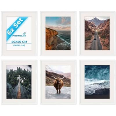 PHOTOLINI Bilderrahmen 40x50 Weiß Holz MDF, 6er Set Bilderrahmen 50x40 cm Foto Rahmen mit Passepartout zum Aufhängen, Rahmen 40 x 50 mit Acrylglas, Bilderrahmen Collage weiss, photo frames for wall PHOTOLINI Bilderrahmen 40x50 Weiß Holz MDF, 6er Set Bilderrahmen 50x40 cm Foto Rahmen mit Passepartout zum Aufhängen, Rahmen 40 x 50 mit Acrylglas, Bilderrahmen Collage weiss, photo frames for wall