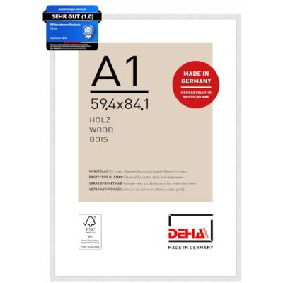 DEHA Design Holz Bilderrahmen Fontana, 59,4 x 84,1 cm (A1), Weiß Holz Posterrahmen im Hoch- & Querformat zum Aufhängen Weiß matt bruchsicheres Kunstglas DEHA Design Holz Bilderrahmen Fontana, 59,4 x 84,1 cm (A1), Weiß Holz Posterrahmen im Hoch- & Querformat zum Aufhängen Weiß matt bruchsicheres Kunstglas