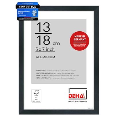 DEHA Design Aluminium Bilderrahmen Tribeca, 13 x 18 cm, Schwarz Aluminium Fotorahmen im Hoch- & Querformat zum Auftstellen Schwarz gebürstet bruchsicheres Kunstglas DEHA Design Aluminium Bilderrahmen Tribeca, 13 x 18 cm, Schwarz Aluminium Fotorahmen im Hoch- & Querformat zum Auftstellen Schwarz gebürstet bruchsicheres Kunstglas
