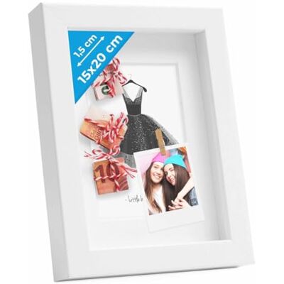 PHOTOLINI 3D Bilderrahmen zum Befüllen 15x20 Weiß, 1,5 cm tiefer Objektrahmen mit Glas, tiefer Bilderrahmen 15x20 Holz MDF mit Passepartout, dicker 3D Rahmen befüllbar für Gegenstände Geschenk PHOTOLINI 3D Bilderrahmen zum Befüllen 15x20 Weiß, 1,5 cm tiefer Objektrahmen mit Glas, tiefer Bilderrahmen 15x20 Holz MDF mit Passepartout, dicker 3D Rahmen befüllbar für Gegenstände Geschenk