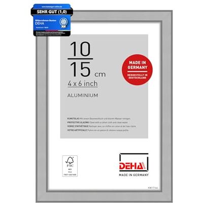 DEHA Design Aluminium Bilderrahmen Boston, 10 x 15 cm, Silber Aluminium Fotorahmen im Hoch- & Querformat zum Auftstellen Silber matt bruchsicheres Kunstglas DEHA Design Aluminium Bilderrahmen Boston, 10 x 15 cm, Silber Aluminium Fotorahmen im Hoch- & Querformat zum Auftstellen Silber matt bruchsicheres Kunstglas