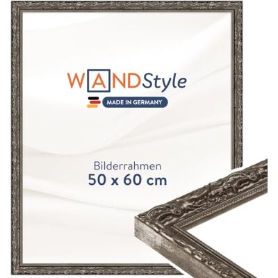 WANDStyle silberner Bilderrahmen 50x60 Holz, Bilderrahmen Silber Vintage Hochwertiger Holzbilderrahmen Antik, Posterrahmen zum Aufhängen, Rahmen 60x50 cm, Fotorahmen H530 Made in Germany WANDStyle silberner Bilderrahmen 50x60 Holz, Bilderrahmen Silber Vintage Hochwertiger Holzbilderrahmen Antik, Posterrahmen zum Aufhängen, Rahmen 60x50 cm, Fotorahmen H530 Made in Germany