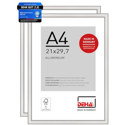 DEHA Design Aluminium Bilderrahmen Boston, 21x29,7 cm (A4) 2er Set, Silber Aluminium Dokumentenrahmen im Hoch- & Querformat zum Aufhängen Silber glänzend bruchsicheres Kunstglas DEHA Design Aluminium Bilderrahmen Boston, 21x29,7 cm (A4) 2er Set, Silber Aluminium Dokumentenrahmen im Hoch- & Querformat zum Aufhängen Silber glänzend bruchsicheres Kunstglas