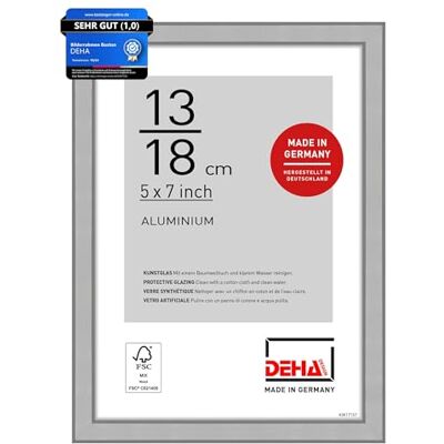 DEHA Design Aluminium Bilderrahmen Boston, 13 x 18 cm, Silber Aluminium Fotorahmen im Hoch- & Querformat zum Auftstellen Silber matt bruchsicheres Kunstglas DEHA Design Aluminium Bilderrahmen Boston, 13 x 18 cm, Silber Aluminium Fotorahmen im Hoch- & Querformat zum Auftstellen Silber matt bruchsicheres Kunstglas