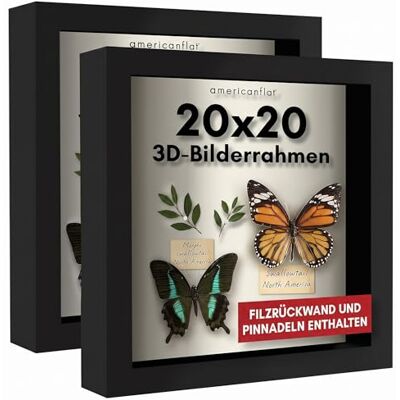 Americanflat 3D-Bilderrahmen zum Befüllen in Schwarz 2er Set 20x20 cm Tiefer Objektrahmen mit Weichem Leinentuch als Rückwand MDF-Holzrahmen mit Bruchsicheren Glas, Aufhängung für die Wand Americanflat 3D-Bilderrahmen zum Befüllen in Schwarz 2er Set 20x20 cm Tiefer Objektrahmen mit Weichem Leinentuch als Rückwand MDF-Holzrahmen mit Bruchsicheren Glas, Aufhängung für die Wand