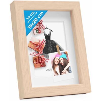 PHOTOLINI 3D Bilderrahmen zum Befüllen 15x20 Natur, 1,5 cm tiefer Objektrahmen mit Glas, tiefer Bilderrahmen 15x20 Holz MDF mit Passepartout, Dicker 3D Rahmen befüllbar für Gegenstände Geschenk PHOTOLINI 3D Bilderrahmen zum Befüllen 15x20 Natur, 1,5 cm tiefer Objektrahmen mit Glas, tiefer Bilderrahmen 15x20 Holz MDF mit Passepartout, Dicker 3D Rahmen befüllbar für Gegenstände Geschenk