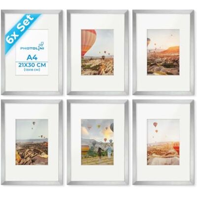 PHOTOLINI Bilderrahmen A4 Holz MDF Silber, 6er Set DIN A4 Bilderrahmen 21x30 cm mit Passepartout, bruchsicheres Acrylglas, picture frame zum Aufhängen & Aufstellen, Rahmen 30x21 für Fotos & Poster PHOTOLINI Bilderrahmen A4 Holz MDF Silber, 6er Set DIN A4 Bilderrahmen 21x30 cm mit Passepartout, bruchsicheres Acrylglas, picture frame zum Aufhängen & Aufstellen, Rahmen 30x21 für Fotos & Poster