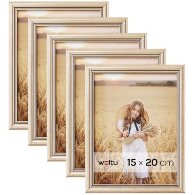 WOLTU Bilderrahmen 15x20, 5er set, Massivholz Fotorahmen mit Passepartout Gold, Front aus PS-Platte, Posterrahmen zum vertikalen oder horizontalen Aufhängen und Aufstellen, Collage Wanddeko WOLTU Bilderrahmen 15x20, 5er set, Massivholz Fotorahmen mit Passepartout Gold, Front aus PS-Platte, Posterrahmen zum vertikalen oder horizontalen Aufhängen und Aufstellen, Collage Wanddeko