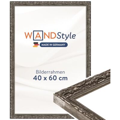 WANDStyle silberner Bilderrahmen 40x60 Holz, Bilderrahmen Silber Vintage Hochwertiger Holzbilderrahmen Antik, Posterrahmen zum Aufhängen, Rahmen 60x40 cm, Fotorahmen H530 Made in Germany WANDStyle silberner Bilderrahmen 40x60 Holz, Bilderrahmen Silber Vintage Hochwertiger Holzbilderrahmen Antik, Posterrahmen zum Aufhängen, Rahmen 60x40 cm, Fotorahmen H530 Made in Germany