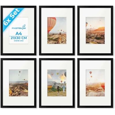 PHOTOLINI Bilderrahmen A4 Schwarz Holz MDF, 6er Set DIN A4 Bilderrahmen 21x30 cm mit Passepartout, Acrylglas, picture frame zum Aufhängen & Aufstellen, Rahmen mit Zubehör 30x21 für Fotos & Poster PHOTOLINI Bilderrahmen A4 Schwarz Holz MDF, 6er Set DIN A4 Bilderrahmen 21x30 cm mit Passepartout, Acrylglas, picture frame zum Aufhängen & Aufstellen, Rahmen mit Zubehör 30x21 für Fotos & Poster