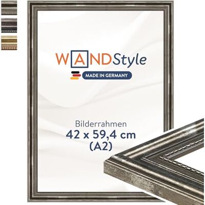 WANDStyle Bilderrahmen A2 Holz, DIN A2 Bilderrahmen Silber Vintage 60x42 cm Hochwertiger Holzbilderrahmen Antik, Posterrahmen zum Aufhängen, Rahmen 42x60 cm, Fotorahmen H450 Made in Germany WANDStyle Bilderrahmen A2 Holz, DIN A2 Bilderrahmen Silber Vintage 60x42 cm Hochwertiger Holzbilderrahmen Antik, Posterrahmen zum Aufhängen, Rahmen 42x60 cm, Fotorahmen H450 Made in Germany