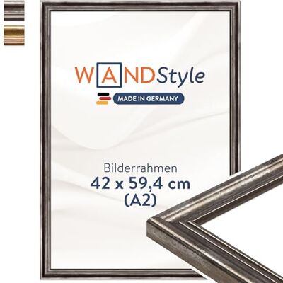 WANDStyle Bilderrahmen A2 Holz, DIN A2 Bilderrahmen Silber Vintage 60x42 cm Hochwertiger Holzbilderrahmen Antik, Posterrahmen zum Aufhängen, Rahmen 42x60 cm, Fotorahmen H400 Made in Germany WANDStyle Bilderrahmen A2 Holz, DIN A2 Bilderrahmen Silber Vintage 60x42 cm Hochwertiger Holzbilderrahmen Antik, Posterrahmen zum Aufhängen, Rahmen 42x60 cm, Fotorahmen H400 Made in Germany