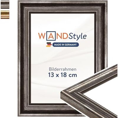 WANDStyle silberner Bilderrahmen 13x18 Holz, Bilderrahmen Silber Vintage Hochwertiger Holzbilderrahmen Antik, Posterrahmen aufstellbar, Rahmen 18x13 cm, Fotorahmen H400 Made in Germany WANDStyle silberner Bilderrahmen 13x18 Holz, Bilderrahmen Silber Vintage Hochwertiger Holzbilderrahmen Antik, Posterrahmen aufstellbar, Rahmen 18x13 cm, Fotorahmen H400 Made in Germany