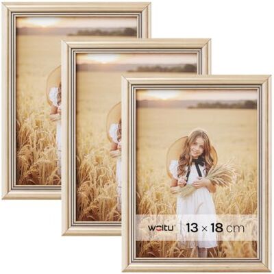 WOLTU Bilderrahmen 13x18, 5er set, Massivholz Fotorahmen mit Passepartout Gold, Front aus PS-Platte, Posterrahmen zum vertikalen oder horizontalen Aufhängen und Aufstellen, Collage Wanddeko WOLTU Bilderrahmen 13x18, 5er set, Massivholz Fotorahmen mit Passepartout Gold, Front aus PS-Platte, Posterrahmen zum vertikalen oder horizontalen Aufhängen und Aufstellen, Collage Wanddeko