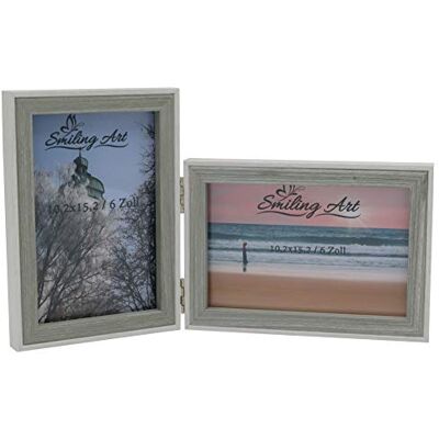 ART Doppel Bilderrahmen 10x15 cm aus MDF Holz mit Glasscheibe klappbarer Fotorahmen für 2 Fotos zum Aufstellen oder Aufhängen Querformat und Hochformat (Weiß & Grau, 2x10x15 cm) ART Doppel Bilderrahmen 10x15 cm aus MDF Holz mit Glasscheibe klappbarer Fotorahmen für 2 Fotos zum Aufstellen oder Aufhängen Querformat und Hochformat (Weiß & Grau, 2x10x15 cm)