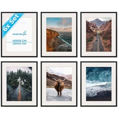 PHOTOLINI Bilderrahmen 40x50 Schwarz Holz MDF, 6er Set Bilderrahmen 50x40cm Foto Rahmen mit Passepartout zum Aufhängen, Rahmen 40 x 50 mit Acrylglas, Bilderrahmen Collage, photo frames for wall PHOTOLINI Bilderrahmen 40x50 Schwarz Holz MDF, 6er Set Bilderrahmen 50x40cm Foto Rahmen mit Passepartout zum Aufhängen, Rahmen 40 x 50 mit Acrylglas, Bilderrahmen Collage, photo frames for wall