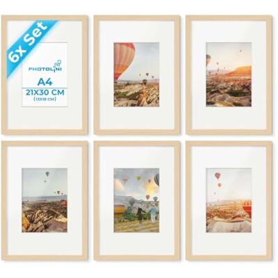 PHOTOLINI Bilderrahmen A4 Holz MDF Natur, 6er Set DIN A4 Bilderrahmen 21x30 cm mit Passepartout, Acrylglas, picture frame zum Aufhängen & Aufstellen, Rahmen mit Zubehör 30x21 für Fotos & Poster PHOTOLINI Bilderrahmen A4 Holz MDF Natur, 6er Set DIN A4 Bilderrahmen 21x30 cm mit Passepartout, Acrylglas, picture frame zum Aufhängen & Aufstellen, Rahmen mit Zubehör 30x21 für Fotos & Poster