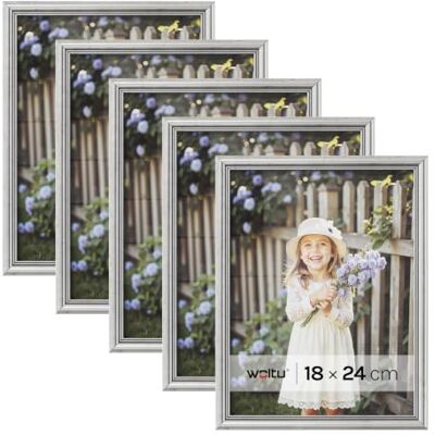 WOLTU Bilderrahmen 18x24, 5er set, Massivholz Fotorahmen mit Passepartout Silber, Front aus PS-Platte, Posterrahmen zum vertikalen oder horizontalen Aufhängen und Aufstellen, Collage Wanddeko WOLTU Bilderrahmen 18x24, 5er set, Massivholz Fotorahmen mit Passepartout Silber, Front aus PS-Platte, Posterrahmen zum vertikalen oder horizontalen Aufhängen und Aufstellen, Collage Wanddeko