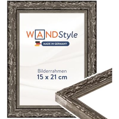 WANDStyle silberner Bilderrahmen 15x21 Holz, Bilderrahmen Silber Vintage Hochwertiger Holzbilderrahmen Antik, Posterrahmen aufstellbar, Rahmen 21x15 cm, Fotorahmen H530 Made in Germany WANDStyle silberner Bilderrahmen 15x21 Holz, Bilderrahmen Silber Vintage Hochwertiger Holzbilderrahmen Antik, Posterrahmen aufstellbar, Rahmen 21x15 cm, Fotorahmen H530 Made in Germany