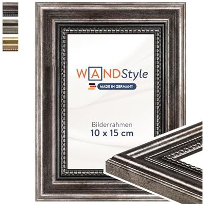 WANDStyle Bilderrahmen 10x15 Holz, Bilderrahmen Metall-Optik Vintage Hochwertiger Holzbilderrahmen Antik, Posterrahmen aufstellbar, Rahmen 15x10 cm, Fotorahmen H450 Made in Germany WANDStyle Bilderrahmen 10x15 Holz, Bilderrahmen Metall-Optik Vintage Hochwertiger Holzbilderrahmen Antik, Posterrahmen aufstellbar, Rahmen 15x10 cm, Fotorahmen H450 Made in Germany