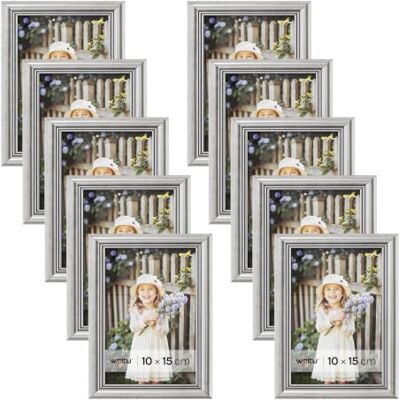 WOLTU Bilderrahmen 10x15, 10er set, Massivholz Fotorahmen mit Passepartout Silber, Front aus PS-Platte, Posterrahmen zum vertikalen oder horizontalen Aufhängen und Aufstellen, Collage Wanddeko WOLTU Bilderrahmen 10x15, 10er set, Massivholz Fotorahmen mit Passepartout Silber, Front aus PS-Platte, Posterrahmen zum vertikalen oder horizontalen Aufhängen und Aufstellen, Collage Wanddeko