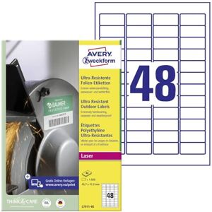 Avery L7911-40 Strapazierfähige Folienetiketten (1.920 Aufkleber, 45,7x21,2mm auf A4, extrem stark selbstklebend, für schwierige Oberflächen, bedruckbare Outdoor Klebefolie) 40 Blatt, weiß Avery L7911-40 Strapazierfähige Folienetiketten (1.920 Aufkleber, 45,7x21,2mm auf A4, extrem stark selbstklebend, für schwierige Oberflächen, bedruckbare Outdoor Klebefolie) 40 Blatt, weiß